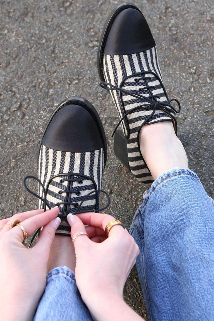 Striped Patchwork Lace Up Round Toe Black Oxfords [Pre Order]