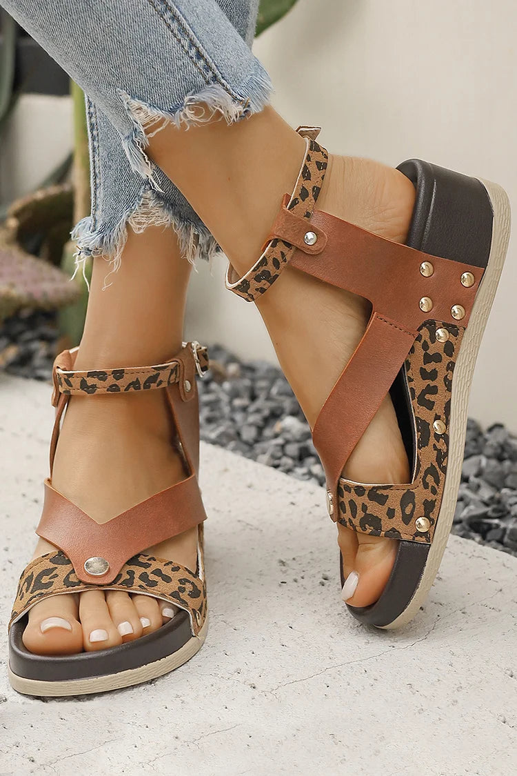 Patchwork Leopard Print Metal Rivets Round Toe Wedge Sandals