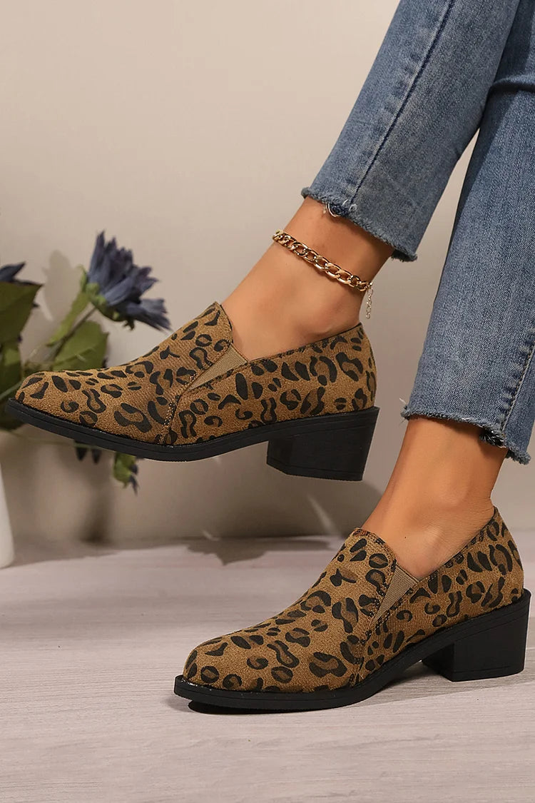 Leopard Print Round Toe Chunky Heel Casual Loafers