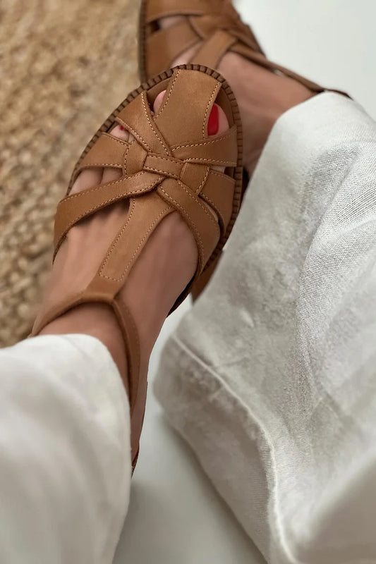 Hollow Out Woven T-Strap Buckle Brown Chunky Heels [Pre Order]