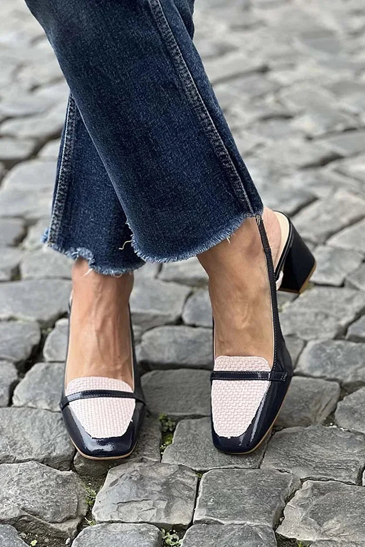 Scarpe col tacco grosso nere con cinturino posteriore e patchwork a punta quadrata [Pre-ordine]