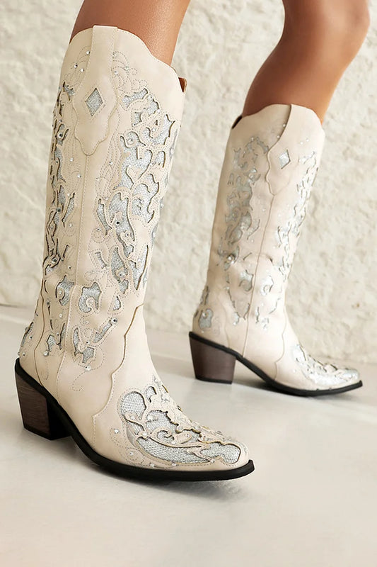 Rhinestone Decor Hollow Out Patchwork Pointed Toe Mid Calf Boots