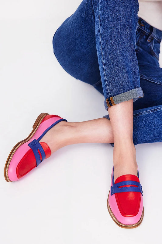 Wielokolorowe mokasyny z okrągłym noskiem w stylu patchwork różowe [Przedsprzedaż]