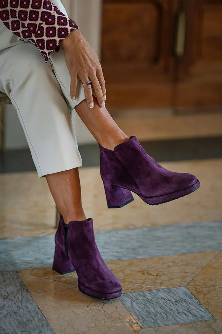 Solid Color Zipper Purple Chunky Heel Boots [Pre Order]