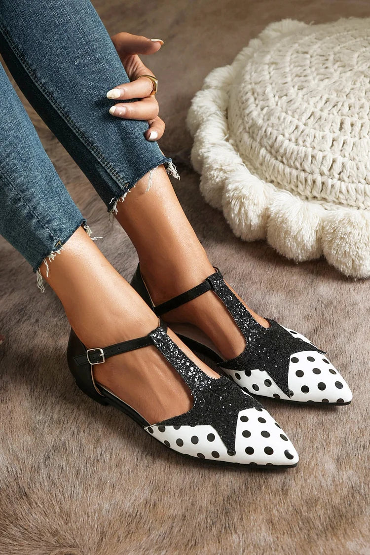 Women's Glitter Stitching Polka Dot Print Pointy Toe Flats