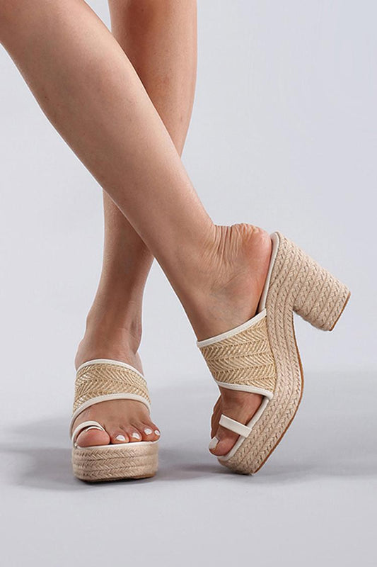 Woven Contrast Trim Toe Ring Casual Platform Chunky Heels