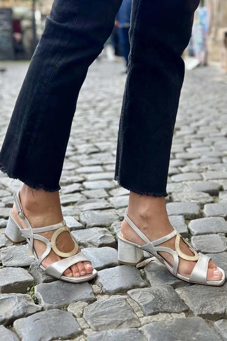 Metallic Sheen Colorblock Open Toe Silver Sandals Heels