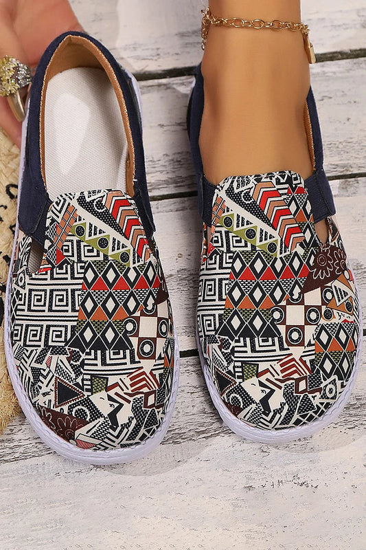 Ethnic Geo Pattern Print Cut Out Square Toe Slip On Loafers