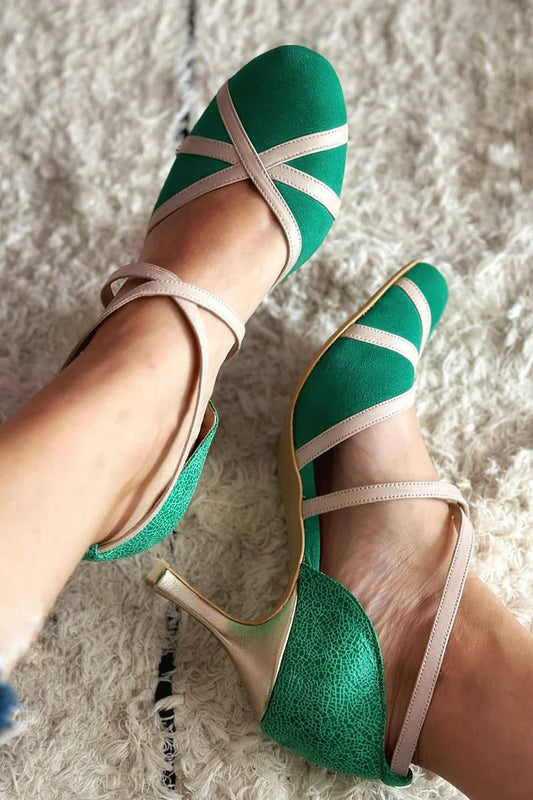 Tacco a spillo verde patchwork colorblock incrociato [Pre-ordine]