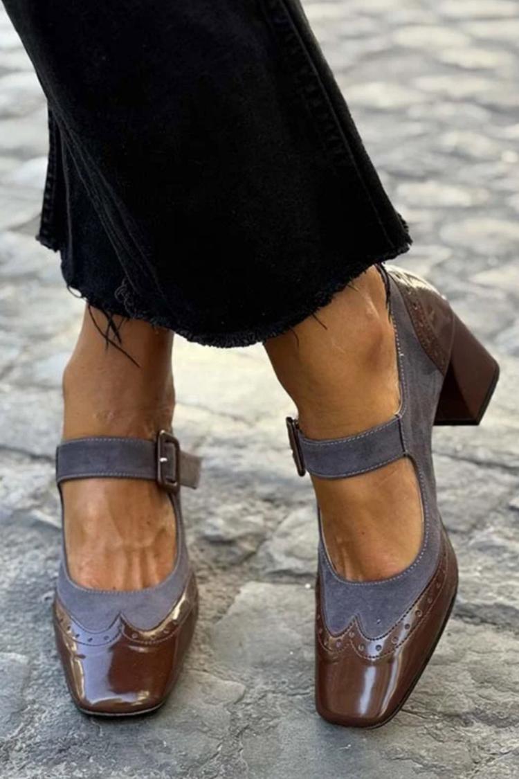 Scarpe con cinturino sul collo del piede con fibbia e punta quadrata a blocchi di colore Marrone scuro Tacchi spessi [Pre Ordine]