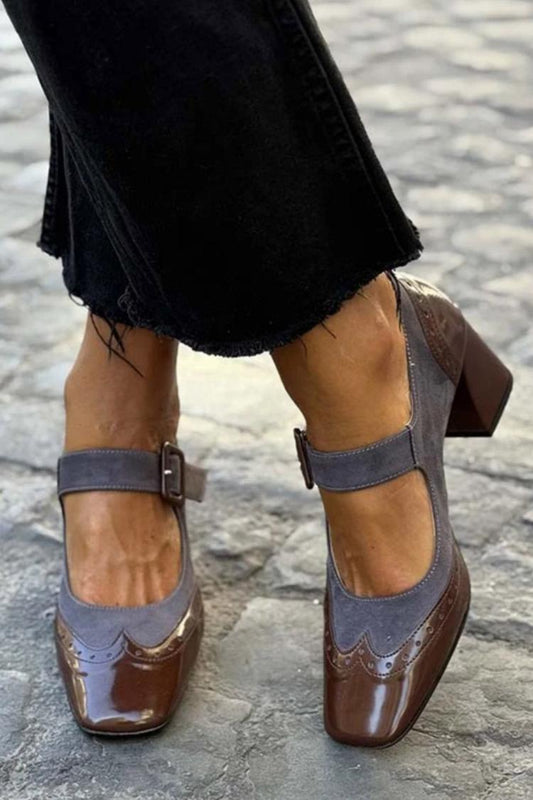Scarpe con cinturino sul collo del piede con fibbia e punta quadrata a blocchi di colore Marrone scuro Tacchi spessi [Pre Ordine]