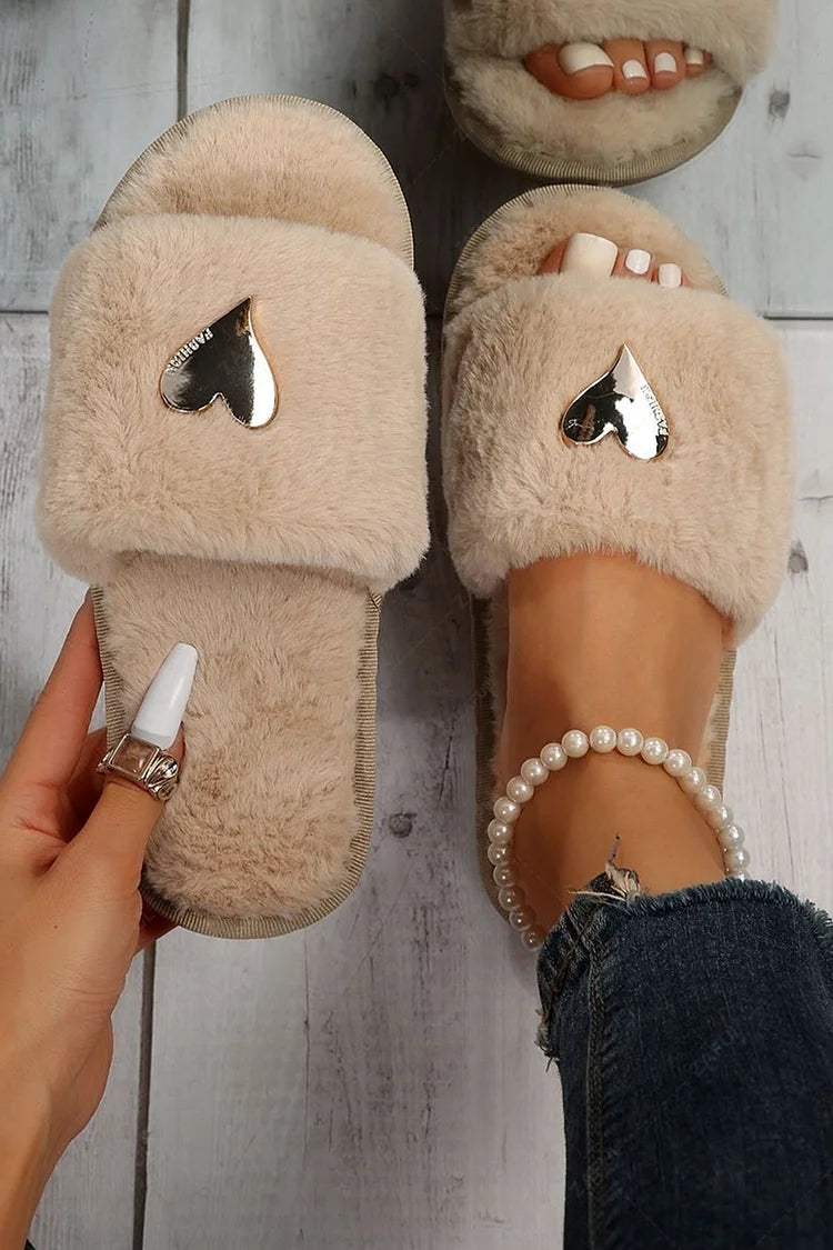 Metal Heart Decor Round Toe Faux Fur Fluffy Slippers