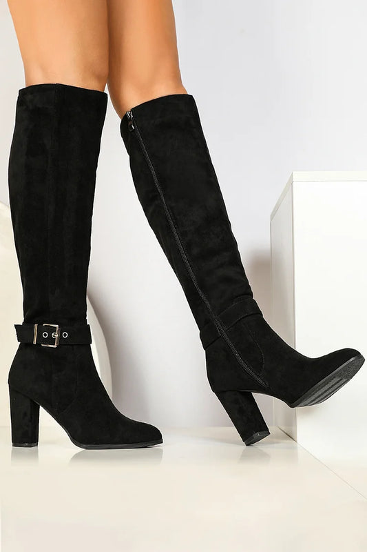 Solid Color Strap Buckle Decor Pointed Toe Chunky Heel Knee High Boots