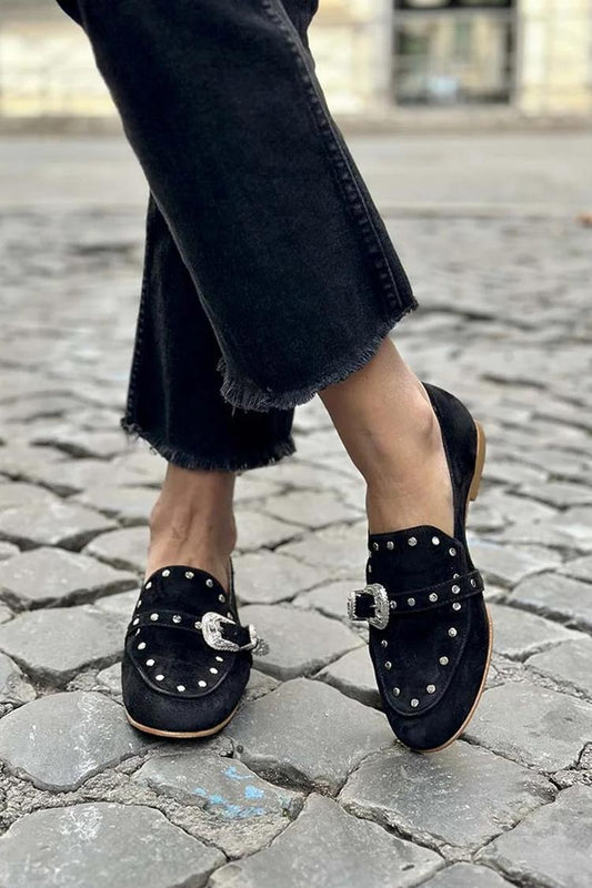 Metallnieten Dekor Riemen Schnalle Rundzehen Schwarze Loafer [Vorbestellung]