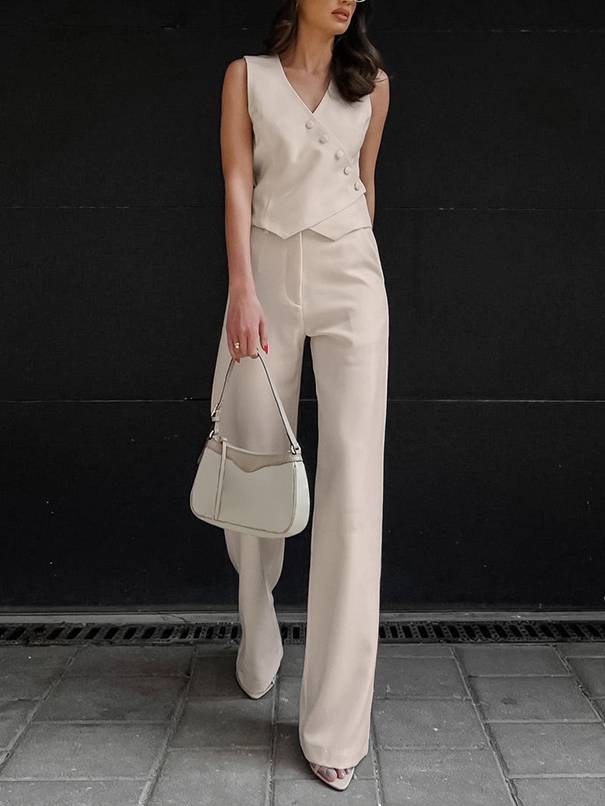 Cotton And Linen Vest High Waist Straight Pants Suit