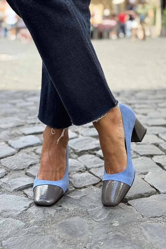 Tacones gruesos azules informales con punta cuadrada y bloques de color [Reserva] 