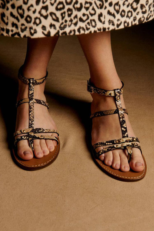 Sandali con punta tonda, fibbia e cinturino incrociato con stampa serpente [Pre-ordine] 