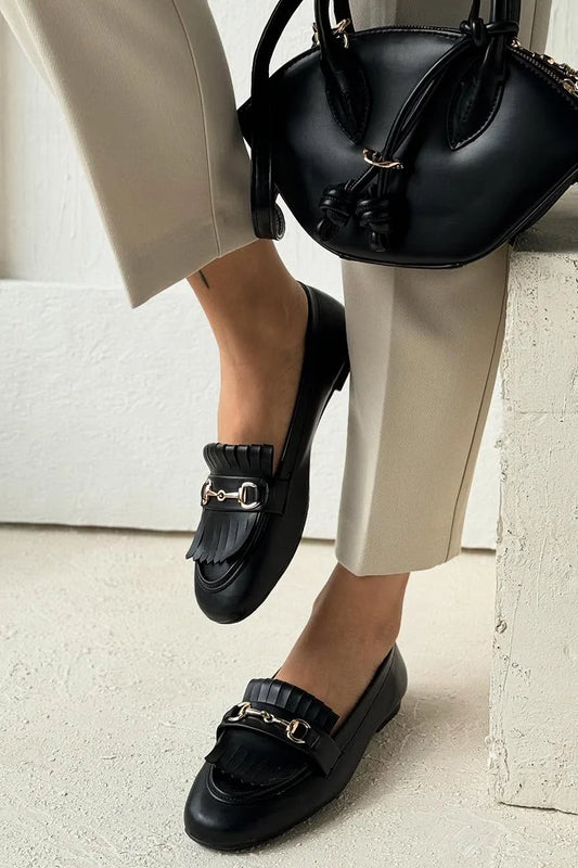 Metallschnalle Fransenbesatz Rundspitze Schwarze Loafers [Vorbestellung]