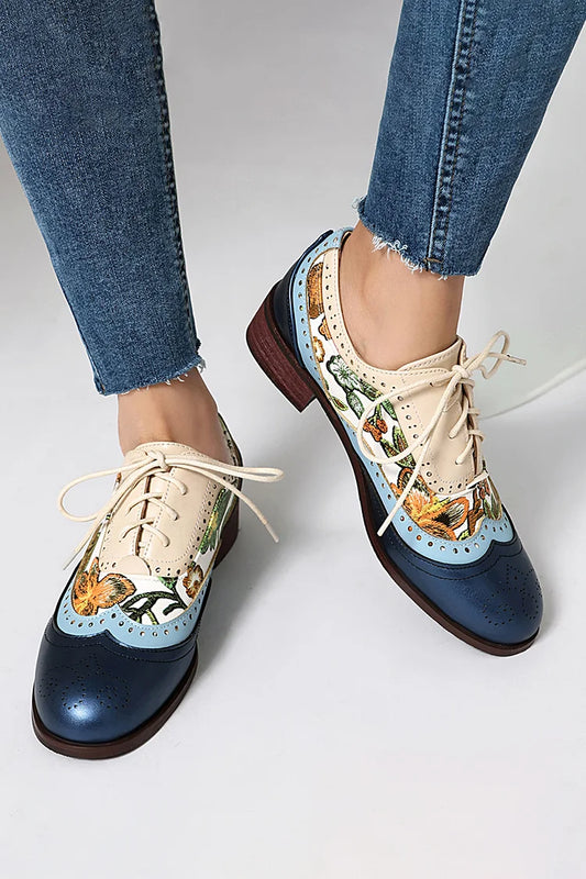 Oxford brogue con lacci e punta rotonda, patchwork colorblock con stampa floreale