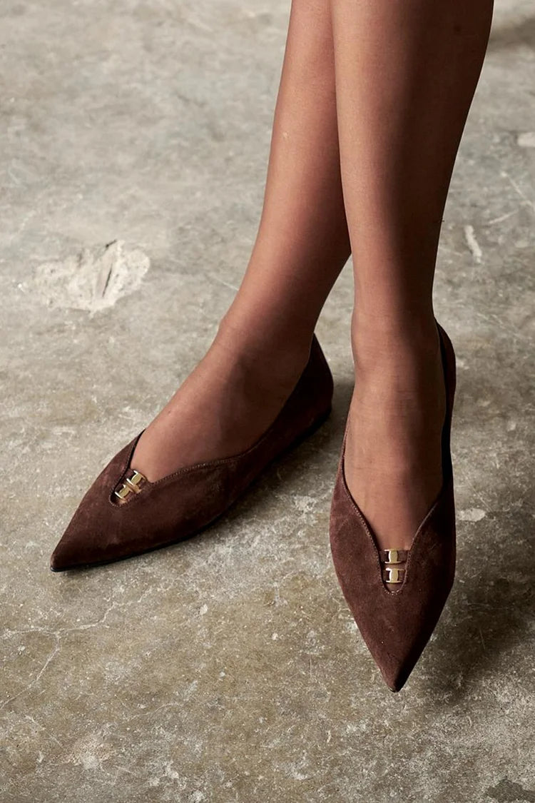 Pointed Toe Metal Buckle Decor Dark Brown Flats [Pre Order]