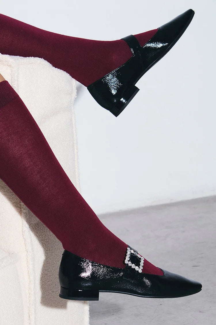 Instep Strap Buckle Solid Color Square Toe Black Flats [Pre Order]