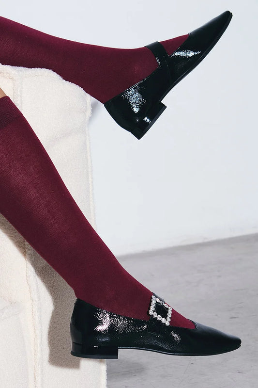 Instep Strap Buckle Solid Color Square Toe Black Flats [Pre Order]