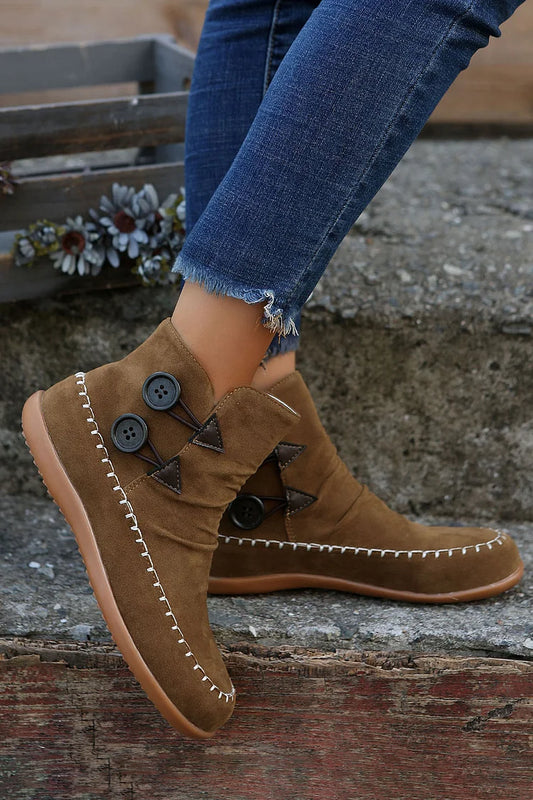 Stitch Detail Round Toe Buttons Casual Flat Ankle Boots