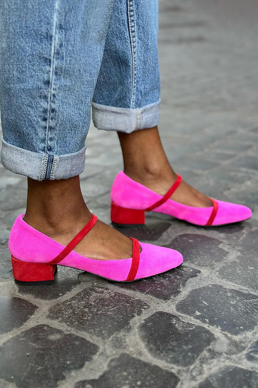 Colorblock Instep Strap Punta Aguzza Fucsia Tacco Basso [Pre-Ordine]