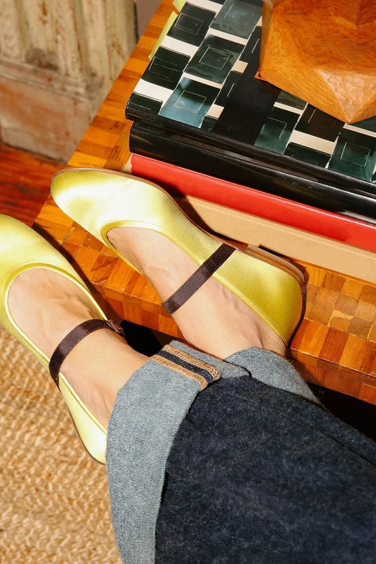 Colorblock Instep Strap Buckle Round Toe Yellow Flats [Pre Order]