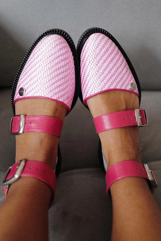 Two Straps Buckles Colorblock Round Toe Pink Flats [Pre Order]