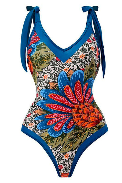 V Neck Bow Shoulder One-piece Swimwear and Wrap Cover Up Skirt Printed Set