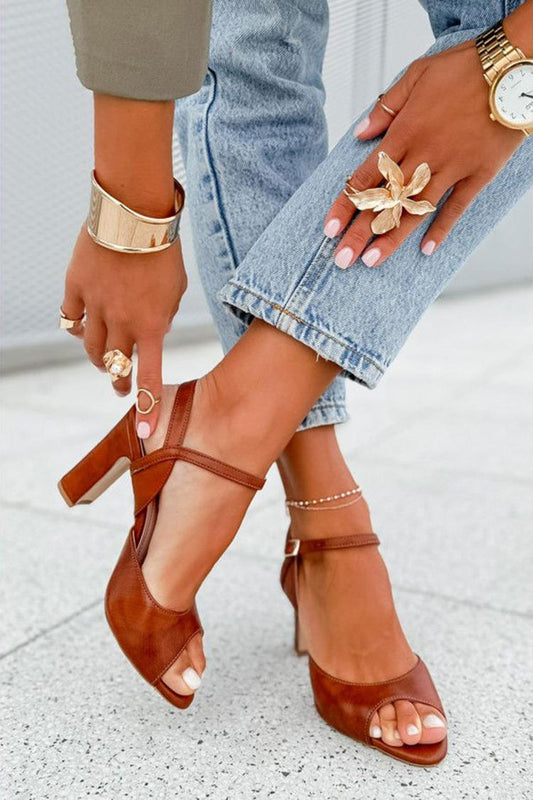 Knöchelriemen Schnalle Peeptoe Slingback Braune Klobige Absätze [Vorbestellung]