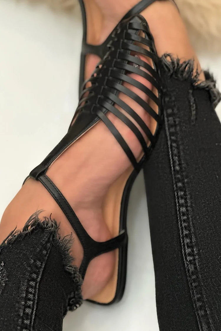 Casual Plain Hollow Out T-Strap Pointy Toe Black Sandals