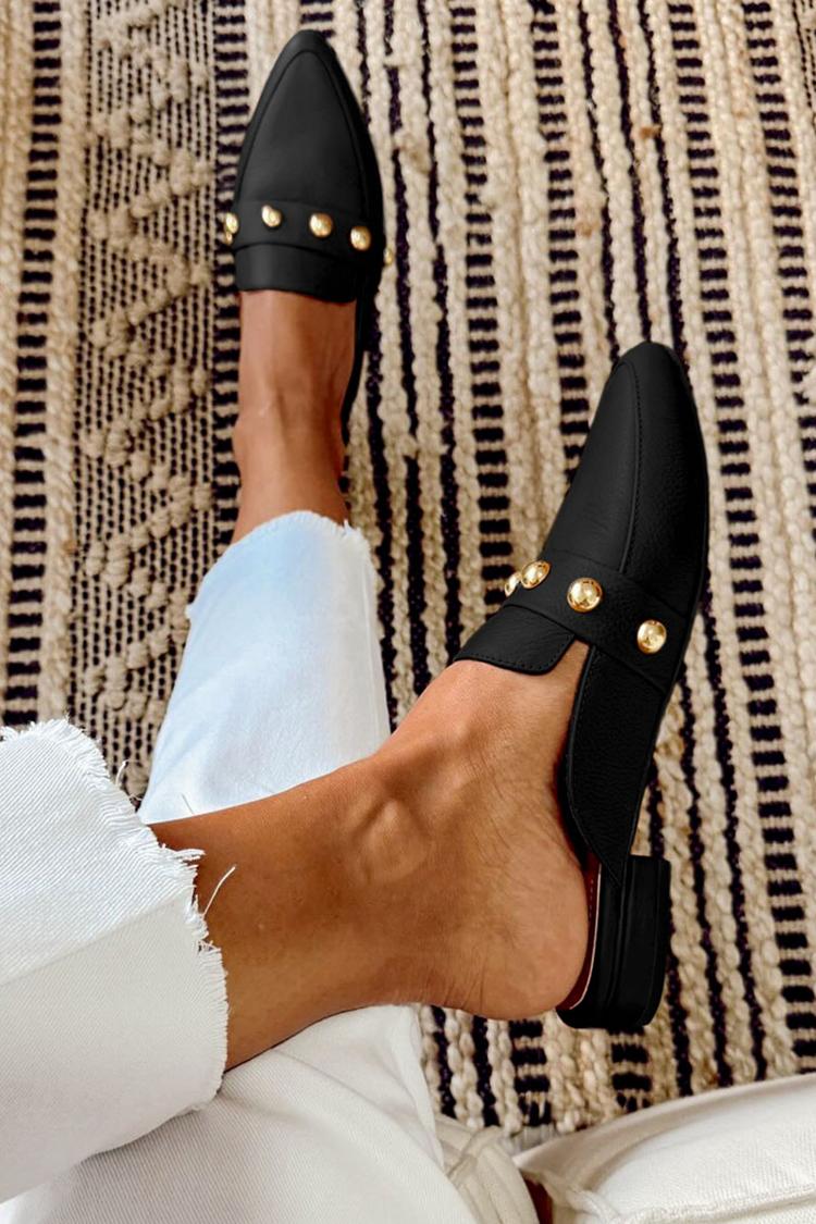 Metallic Studded Pointed Toe Low Block Heels Black Mules
