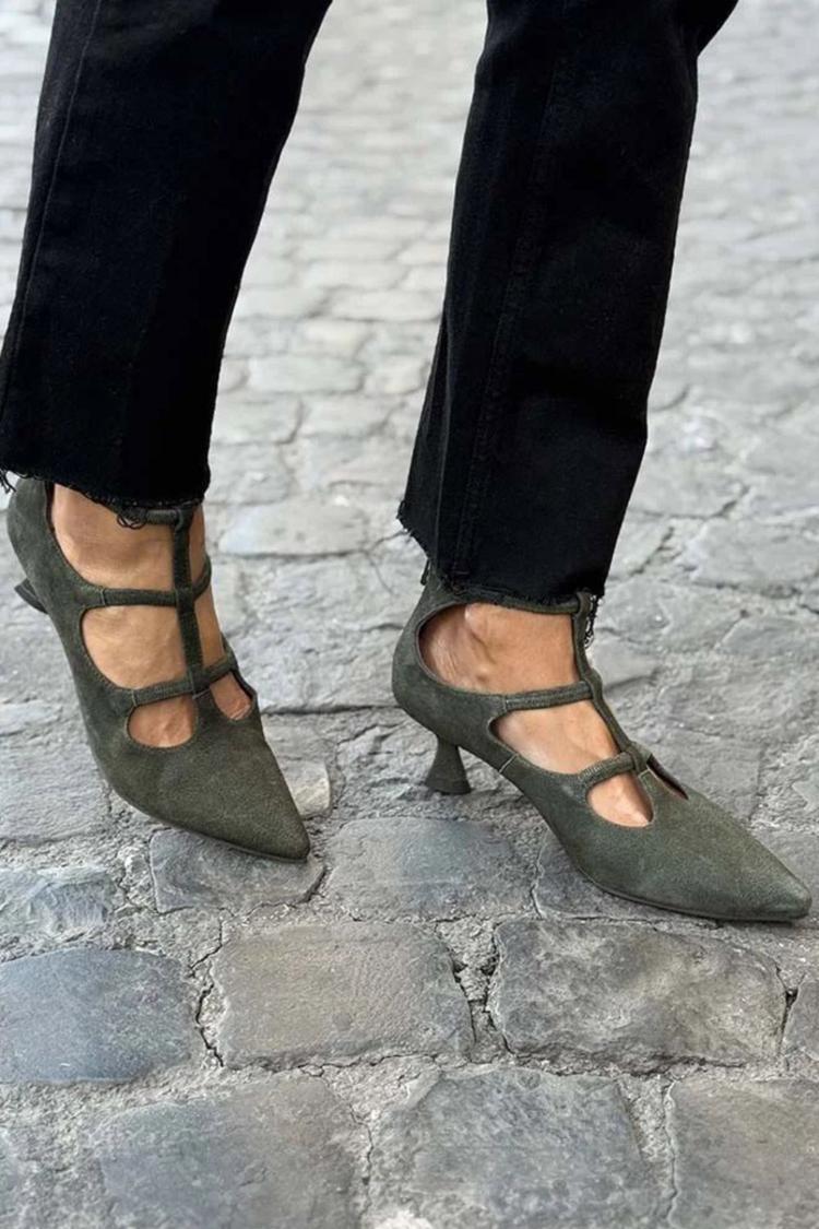 Hollow Out T-Strap Pointy Toe Army Green Kitten Heels [Pre Order]