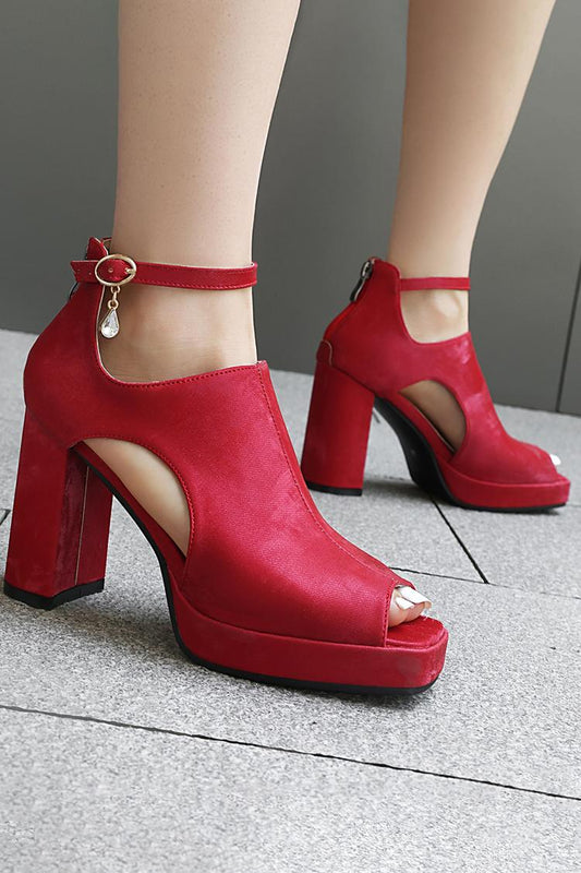 Scarpe con tacco grosso, punta aperta, fibbia, cerniera e cinturino alla caviglia in tinta unita