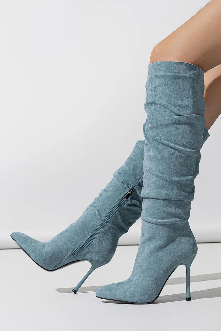 Ruched Pointed Toe Stiletto Heel Zipper Solid Color Knee High Boots