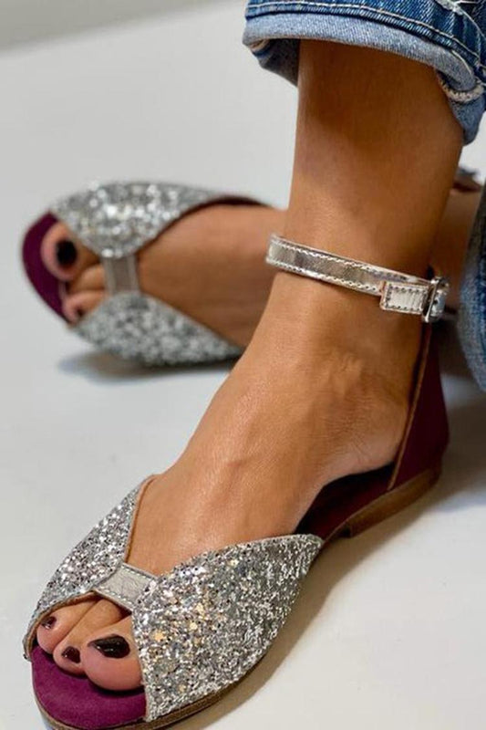 Knöchelriemen Schnalle Peeptoe Glitzer Silber Sandalen