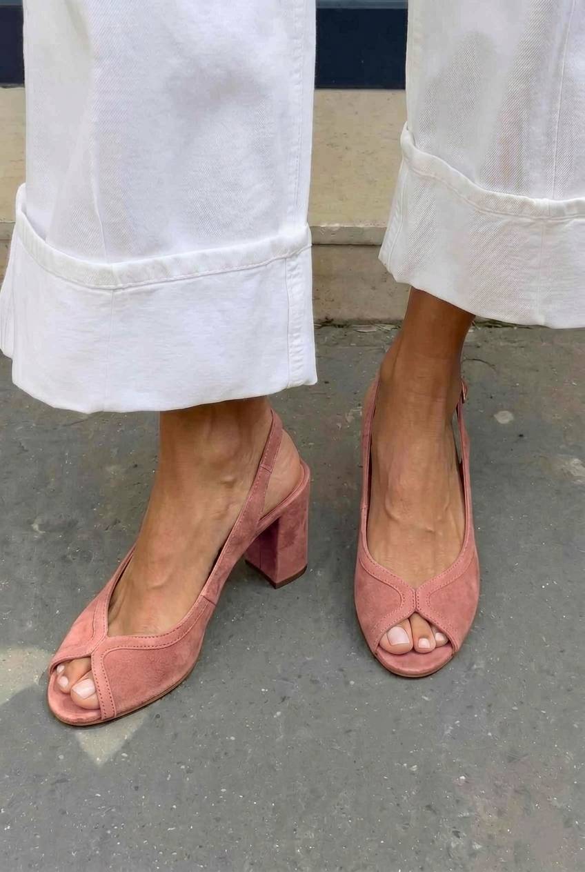 Suede Slingback Peep Toe Block Heel Sandals