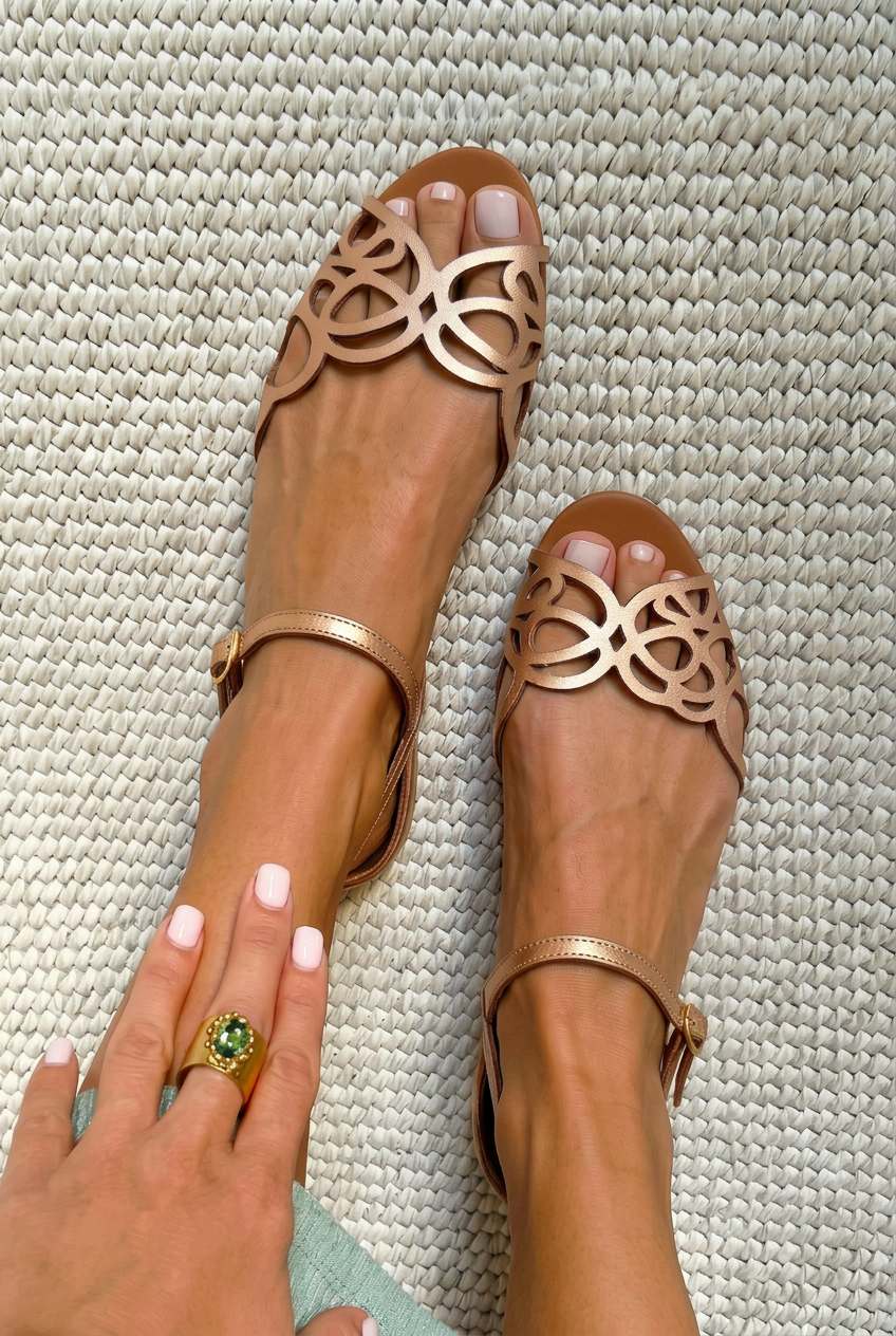 Laser Cut Peep Toe Ankle Strap Flat Sandals [Pre Order]