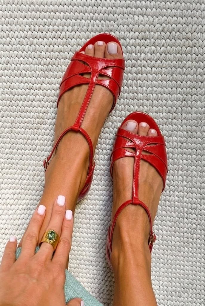 Red Patent Open Toe T-Strap Red Flat Sandals [Pre Order]