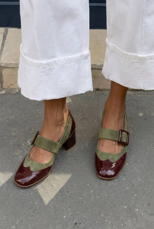 Suede Patent Square Toe Buckle Mary Jane Pumps [Pre Order]