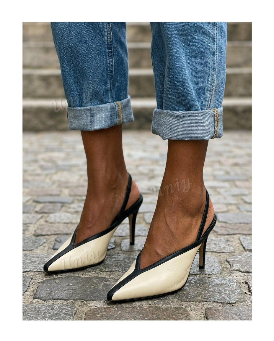 V-Cut Pointed Toe Slingback Stiletto Heel Pumps [Pre Order]