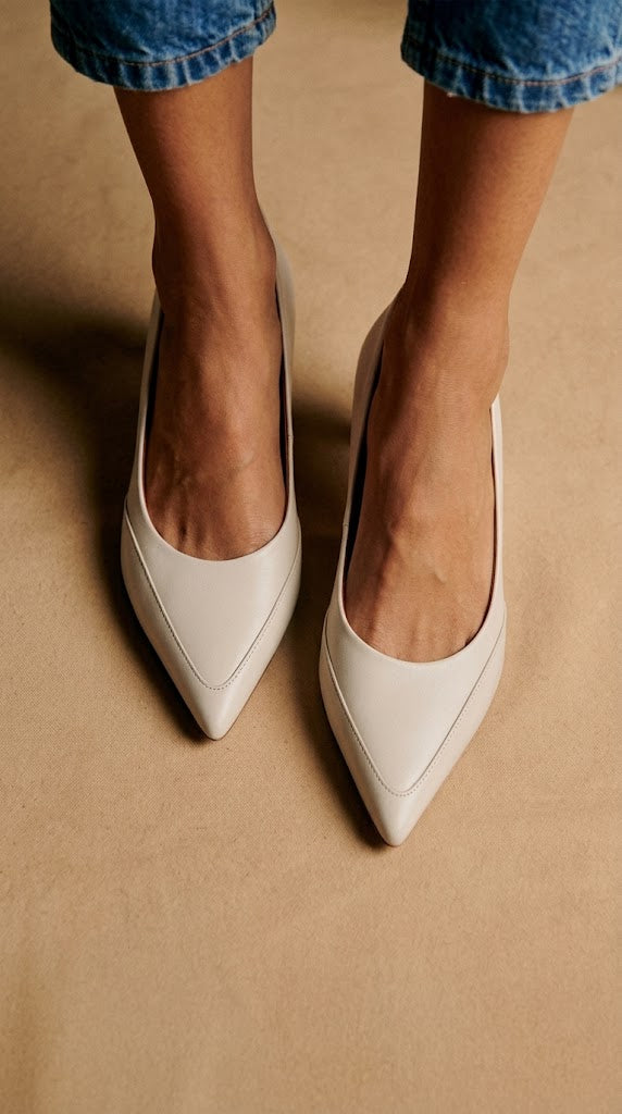 Smooth Leather Pointed Toe Slip On Cream Block Flats [Pre Order]
