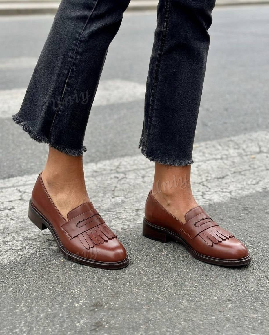 Fringe Trim Almond ToeLow Block Heel Loafers [Pre Order]