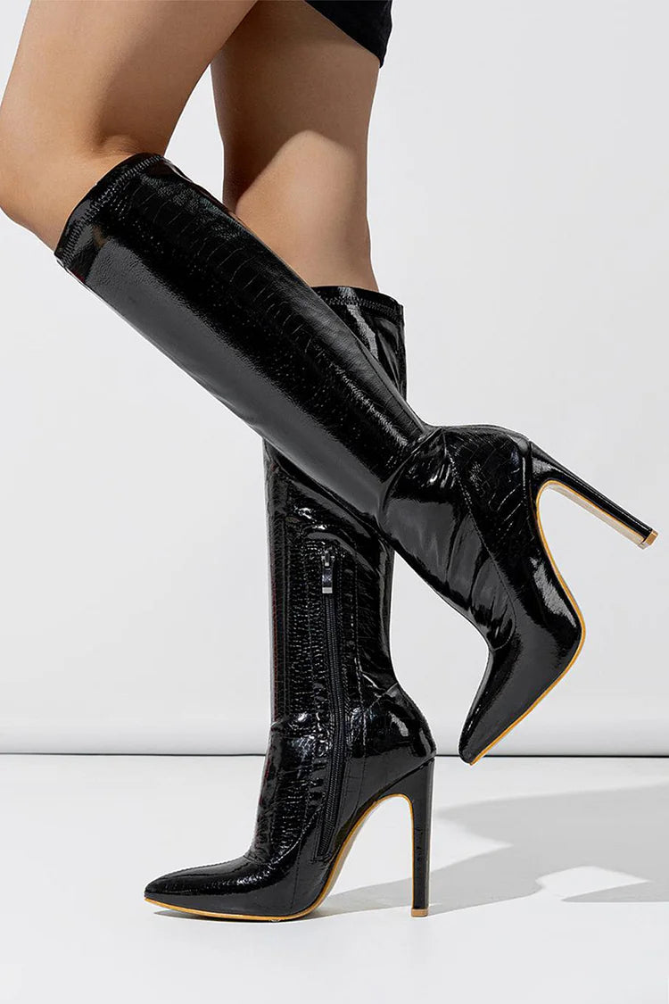 Crocodile Print Zipper Pointed Toe Chunky Heel Knee High Boots