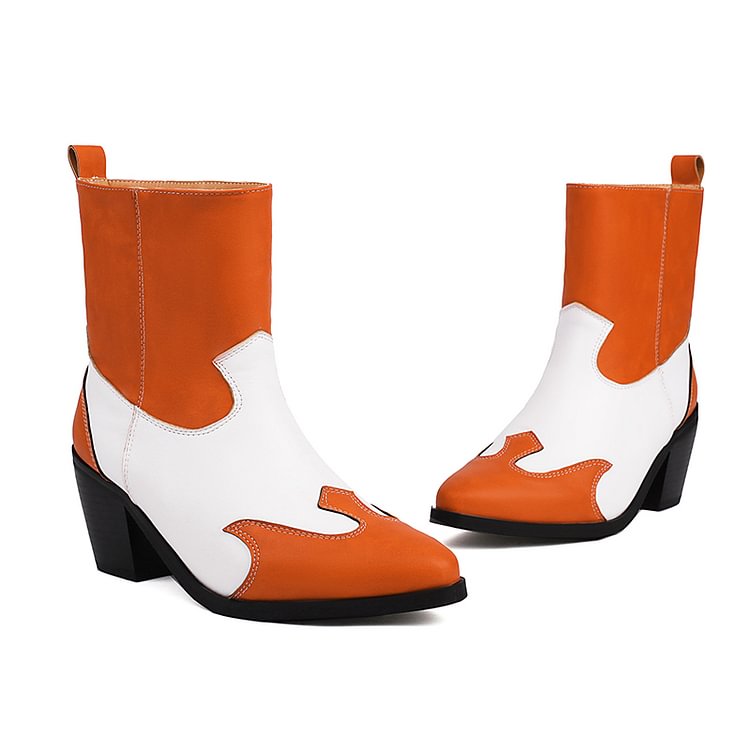 Colorblock-Stiefeletten mit spitzer Zehenpartie und Patchwork-Design mit klobigem Absatz