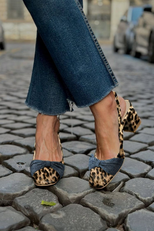 Leopard Farbblock Schleife Patchwork Kunstwildleder Blockabsätze [Vorbestellung]