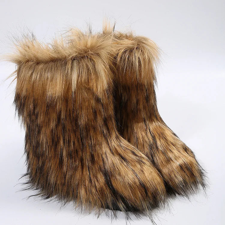 Multicolor Faux Fur Round Toe Low Platform Pull On Snow Boots