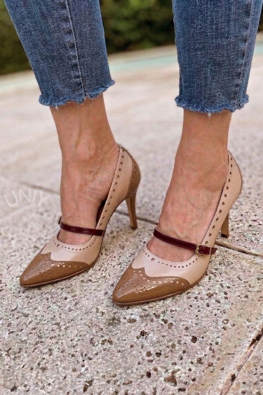 Chic Tri-tone Brogue Perforated Pointed Toe Mary Jane Heels [Pre Order]